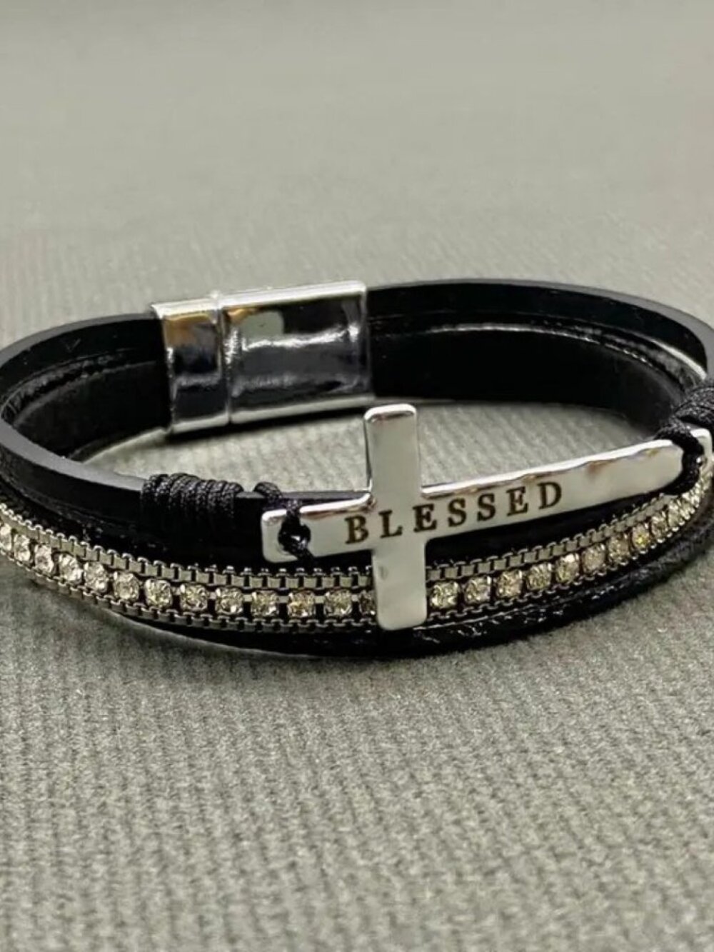 “Blessed” Multi-Layer Cross & Rhinestones Faux Leather Bracelet - Black